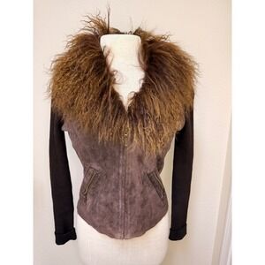 VTG Y2K Genuine Suede Leather Jacket Mongolian Lamb Fur Collar Rib Knit Brown M